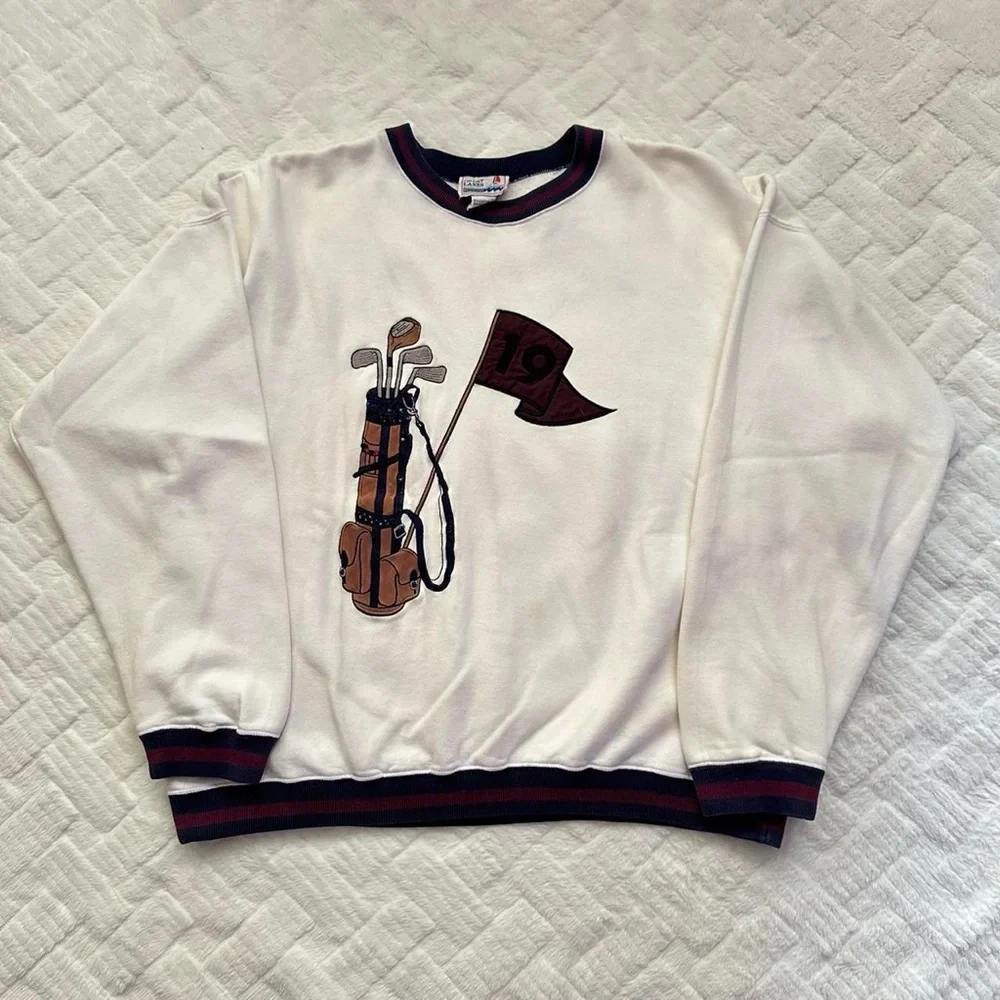 Vintage 1990s Cream Golf Clubs embroidered Graphic Sweatshirt with Stripe Trim L - Picture 3 of 8